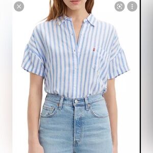 Levi’s Women’s Striped Alexandra Linen Blend Beachy Short Sleeve Top Size Large